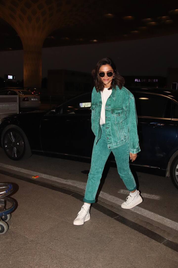 Deepika was photographed in a casual look. She opted for a simple white round-neck tee under a green coloured denim jacket.