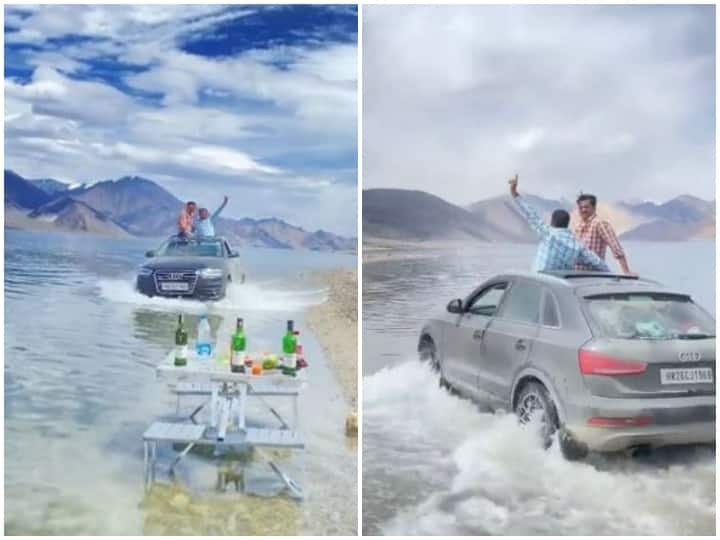 few men driving their car through the pristine Pangong Lake in Ladakh लद्दाख की पैंगोंग झील पर कार चलाते नजर आए पर्यटक, यूजर्स ने की कड़ी कार्रवाई की मांग