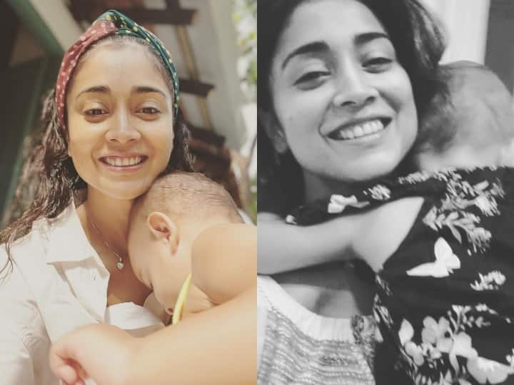 Actress Shriya with baby Radha see Viral photos ஒரே சேட்டைதான்.. ஆனால் க்யூட்! மகள் ராதாவுடன் ஆட்டம்போடும்  நடிகை ஸ்ரேயா!!