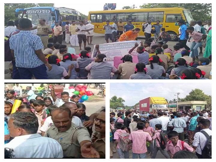 Conductor who misbehaves with girl students traveling on the bus at karimangalam தருமபுரியில் அரசுப்பேருந்தில் செல்லும் மாணவிகள் சாலை மறியல் - பேருந்து நடத்துனர் தவறாக நடப்பதாக புகார்