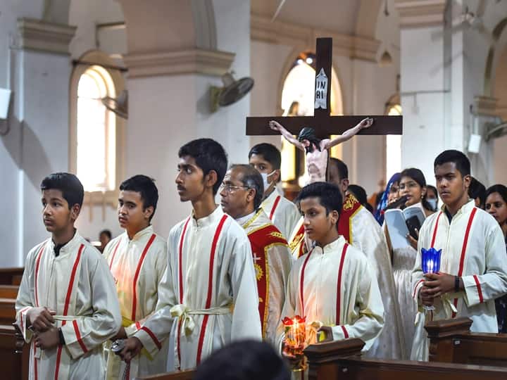 Most churches across the world are covered with black cloth at a particular time, when Christ is believed to be crucified. Christian devotees during a procession on the occasion of Good Friday, at Sacred Heart Cathedral in New Delhi, Friday. (PTI Photo/Atul Yadav)