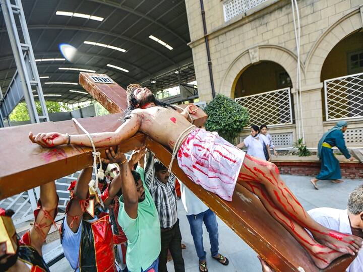 The crucifixion of Jesus Christ is seen as an act of his love for humanity and willingness to ease everyone’s pain. Here is a man portraying Jesus Christ in a play on the occasion of Good Friday in Ahmedabad, April 15, 2022. (PTI Photo)