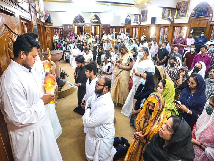 Christian devotees during a procession on the occasion of Good Friday, near Sacred Heart Cathedral in New Delhi, Friday, April 15, 2022. Good Friday is observed as a day of mourning in memory of the crucifixion of Jesus Christ. (PTI Photo/Atul Yadav)