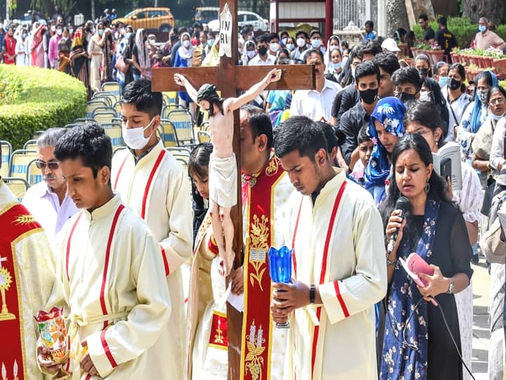 Also known as Holy Friday, Black Friday, or Easter Friday, the day is observed as a day of sorrow, and penance. This photo shows Christian devotees during a procession on the occasion of Good Friday, at Sacred Heart Cathedral in New Delhi, Friday. (PTI Photo/Atul Yadav)