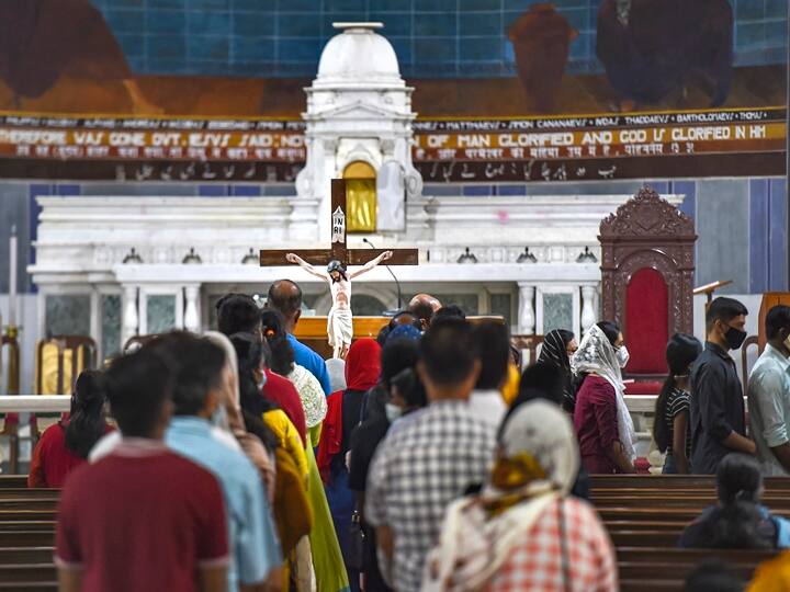 Christian devotees pray at a church on the occasion of Good Friday, in New Delhi, Friday, April 15, 2022. (PTI Photo/Atul Yadav)