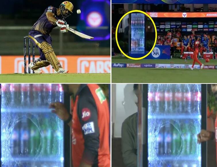 IPL 2022:  Nitish Rana breaks refrigerator glass in SRH dugout with a monstrous Six watch video IPL 2022, SRH vs KKR: નીતિશ રાણાએ સિક્સ મારીને તોડી નાંખ્યો ડગઆઉટમાં રાખેલા ફ્રિજનો કાચ, વીડિયો થયો વાયરલ