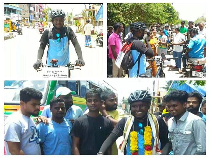 A youth who cycled 354 km from Chennai to Nagapattinam emphasizing fuel economy எரிபொருள் சிக்கனத்தை வலியுறுத்தி சென்னையில் இருந்து நாகை வரை 354 கி.மீ சைக்கிளில் பயணித்த இளைஞர்