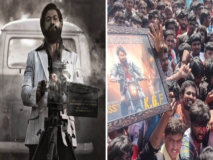 KGF 2 Fans : கொட்டும் மழையிலும் கே.ஜி.எப்.2 படம் பார்க்க குவிந்த ரசிகர்கள்...! அதிகாலையிலே வசூல் மழை..!