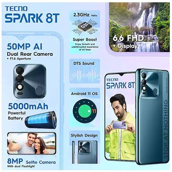 Tecno Spark 8T: या स्मार्टफोनमध्ये ड्युअल रियर कॅमेरा सेटअप देण्यात आला आहे. यामध्ये प्रायमरी कॅमेरा 50 मेगापिक्सल्सचा असून एक AI लेन्स देण्यात आली आहे. तर, यात सेल्फी आणि व्हिडीओ कॉलिंगसाठी 8-मेगापिक्सेल फ्रंट कॅमेरा आहे. त्याची किंमत 9,299 आहे. रुपये आहे.