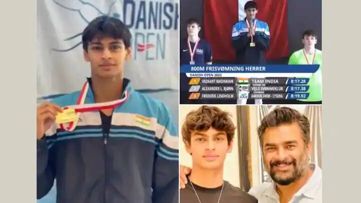 After the silver medal, Madhavan's son Vedanta won the gold medal in swimming Vedaant Madhavan : સિલ્વર બાદ માધવનના પુત્ર વેદાંતે સ્વિમિંગમાં ગોલ્ડ મેડલ જીત્યો, માધવને શેર કર્યો વિડીયો