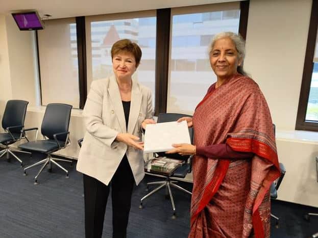 Finance Minister Nirmala Sitharaman met with IMF MD Kristalina Georgieva in USA US दौरे पर वित्त मंत्री निर्मला सीतारमण ने IMF की MD क्रिस्टलीना जॉर्जिवा से की मुलाकात, कई मुद्दों पर की चर्चा
