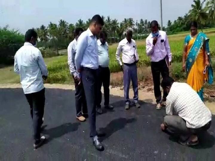 Dharmapuri Additional Collector who scaled the non-standard thar road  in echo of the ABP news in Karimangalam ABP நாடு செய்தி எதிரொலி - தருமபுரியில் போடப்பட்ட தரமற்ற சாலையை மீண்டும் அமைக்க ஆட்சியர் உத்தரவு