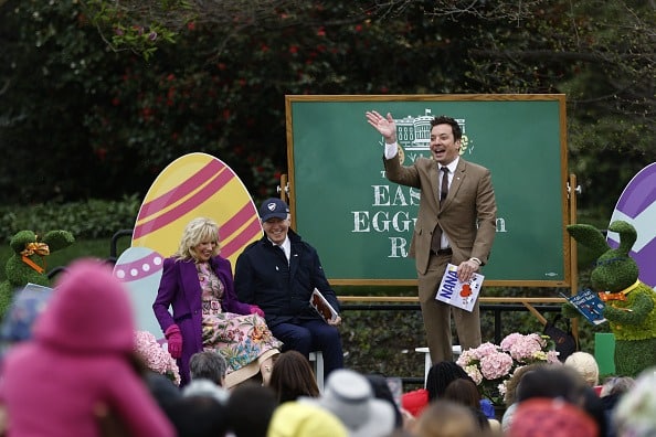Actor & T.V. show host Jimmy Fallon joins US First Lady Jill Biden and US President Joe Biden for a book reading during the Easter Egg Roll on the South Lawn of the White House. First Lady, a teacher for more than 30 years, created this year's event theme of EGGucation. (Image Source: Getty)