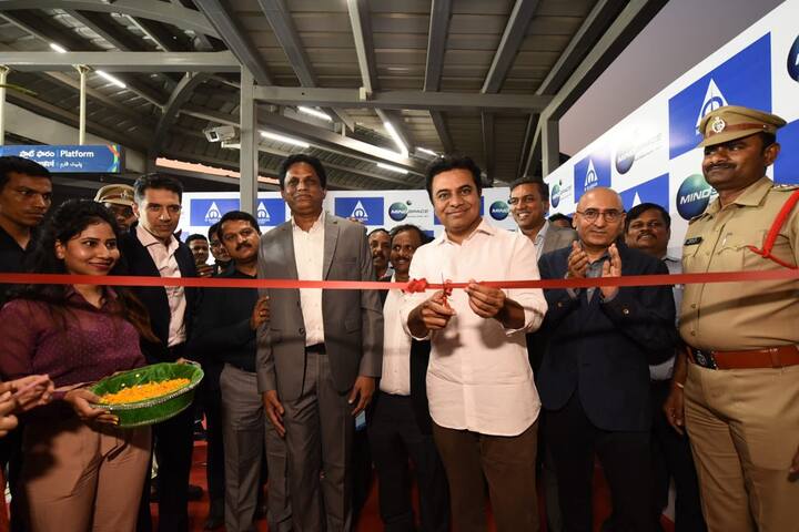 Telangana MA&UD Minister KT Rama Rao inaugurates a 1-km long Skywalk in the MindSpace campus. (Image: Twitter/Minister for IT, Industries, MA & UD, Telangana)