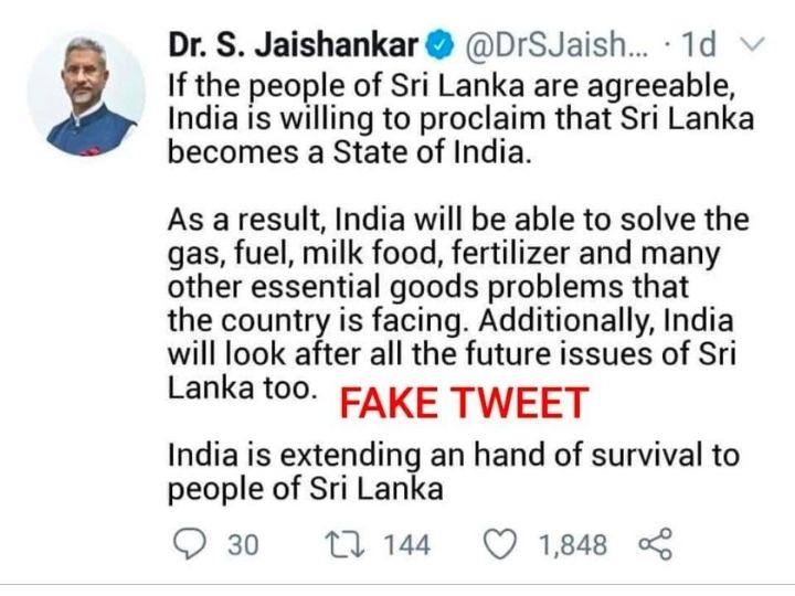 India Slams 'Fake Tweet' Attributed To EAM Jaishankar On Sri Lanka ...