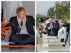 ब्रिटेन के PM बोरिस जॉनसन पहुंचे गुजरात, साबरमती आश्रम में चलाया चरखा, देखिए तस्वीरें