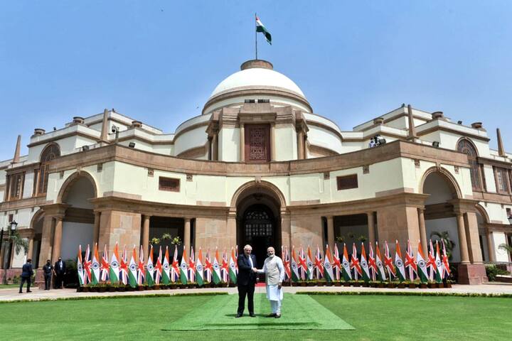 UK PM Boris Johnson and PM Narendra Modi agreed to their new defence and security partnership at delegation-level talks at Hyderabad House in the national capital. (Image Source: PTI)
