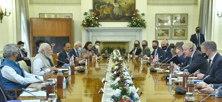 United Kingdom Prime Minister Boris Johnson with Prime Minister Narendra Modi during a delegation-level meeting, at Hyderabad House in New Delhi. (Image Source: PTI)