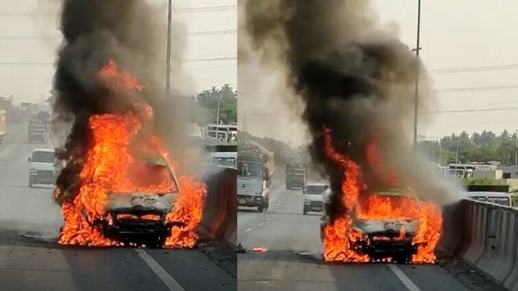 A car caught fire near Kosamba in Surat on the Ahmedabad-Mumbai National Highway SURAT : અમદાવાદ-મુંબઈ નેશનલ હાઇવે પર કાર સળગી, કારમાં બે યુવાનો સવાર હતા