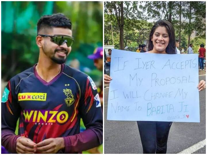 IPL 2022: KKR के कप्तान के प्यार में डूबी फैन गर्ल, पोस्टर पर अनोखे अंदाज में किया इजहार kkr vs gc ipl 2022 fan girl proposal to kolkata knight riders captain shreyas iyer goes viral on social media IPL 2022: KKR के कप्तान के प्यार में डूबी फैन गर्ल, पोस्टर पर अनोखे अंदाज में किया इजहार