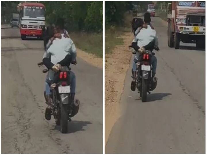 Lovers Romance On Bike Riding in Karnataka Karnataka :காதலிக்கு பெட்ரோல் டேங்கில் இடம்... உட்காரசொல்லி காதலன் அடம்.. பைக்கில் பறந்தபடியே லிப் டூ லிப் கிஸ்!