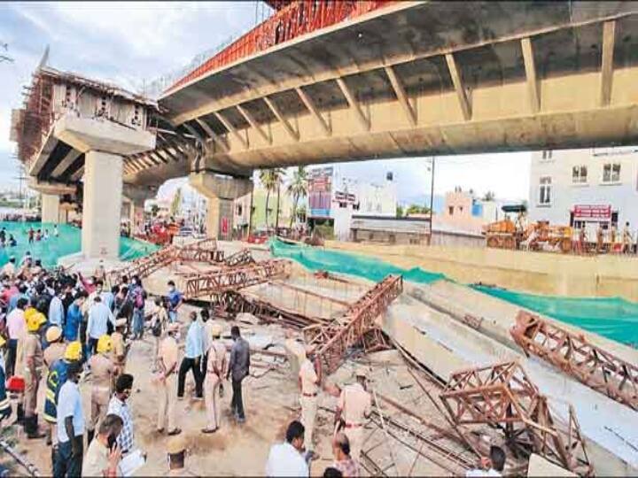 madurai flyover collopse last year 3 crore fine private contractor மதுரையில் இடிந்து விழுந்த மேம்பாலம்..! தனியார் ஒப்பந்ததாரர் நிறுவனத்திற்கு ரூ.3 கோடி அபராதம்..!