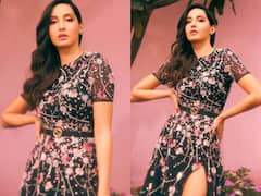 IN PICS| Nora Fatehi Oozes OOMPH In A Black Floral Embellished Gown