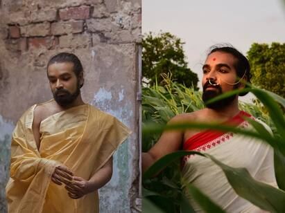 kolkata Pushpak Sen says There is no gender difference in the dress ஆடைகளில் ஏன் பாலின பாகுபாடு... வேற்றுமையை ஒதுக்கிய ஆண்.. புடவையில் புது அவதாரம்!