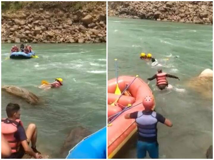 Army personnel rescued two girls who fell in the river while rafting in Rishikesh Watch: ऋषिकेश में राफ्टिंग के दौरान नदी में गिरीं दो युवतियां, सेना के जवानों ने किया रेस्क्यू