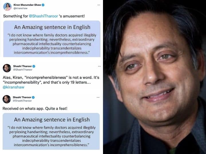 Shashi Tharoor Finds Error In 'Amazing' Rhopalic Sentence Example Shared By Kiran Mazumdar-Shaw 'Alas, Kiran': Shashi Tharoor Finds Error In 'Amazing' Example Of Rhopalic Sentence Shared By Biocon Chief