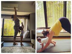 Neha Dhupia Yoga Photos: नेहा धूपिया को भी चुनौती देते हैं उनके ये दो योगा पार्टनर, तस्वीरें जीत लेंगी आपका दिल