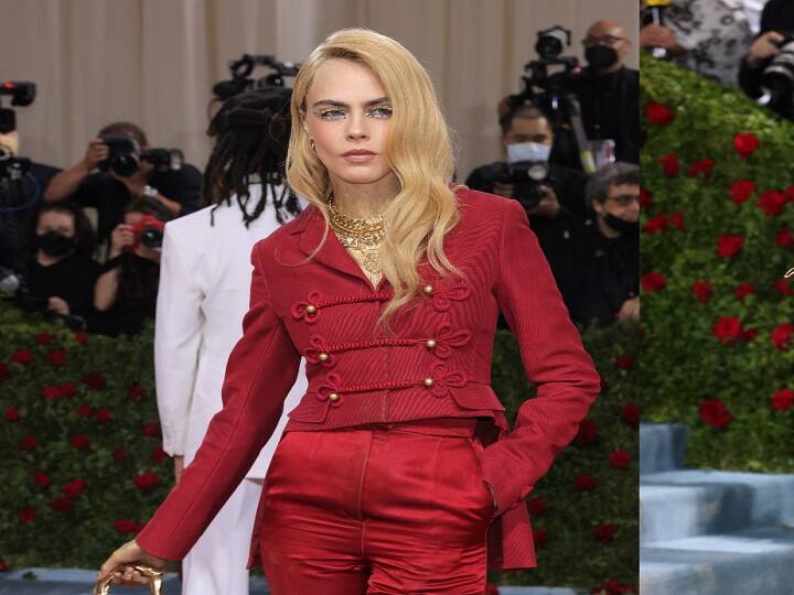 MET Gala 2022 Cara Delevingne goes topless strips off her jacket on red carpet see photos MET Gala 2022: மேடை ஏறியதும் மேலாடையை கழற்றிய நடிகை! மெட் காலா நிகழ்ச்சியில் ஷாக்  சம்பவம்!