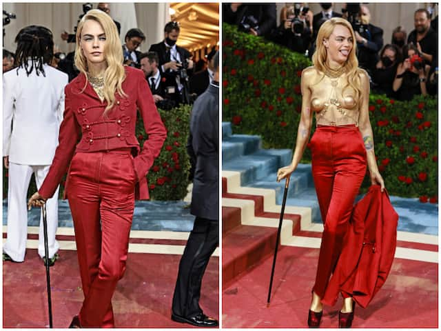 Met Gala 2022: Cara Delevingne Topless Painted In Gold On Red