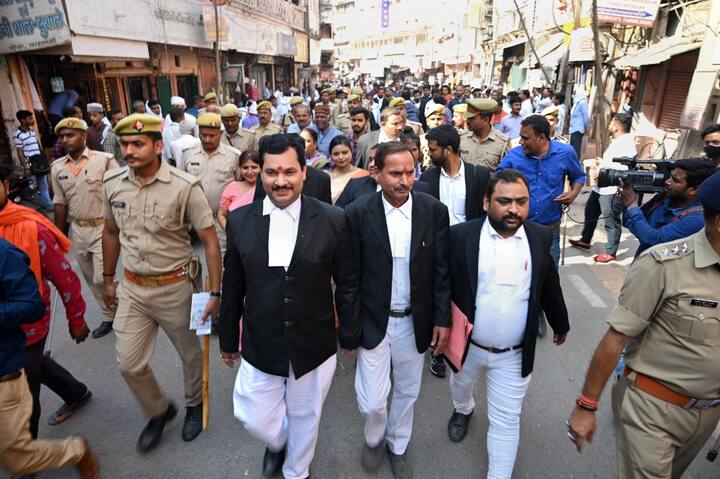 Court commissioner and nominated members arrive for the survey of the Gyanvapi Masjid complex and Shringar Gauri in Varanasi on Friday. Earlier, on April 26, 2022, the court of Civil Judge (Senior Division) of Varanasi, Ravi Kumar Diwakar, ordered filming of the Shringar Gauri temple in the Kashi Vishwanath-Gyanvapi mosque complex and other sites by the attorney commissioner after Eid and before May 10. (Source: PTI)