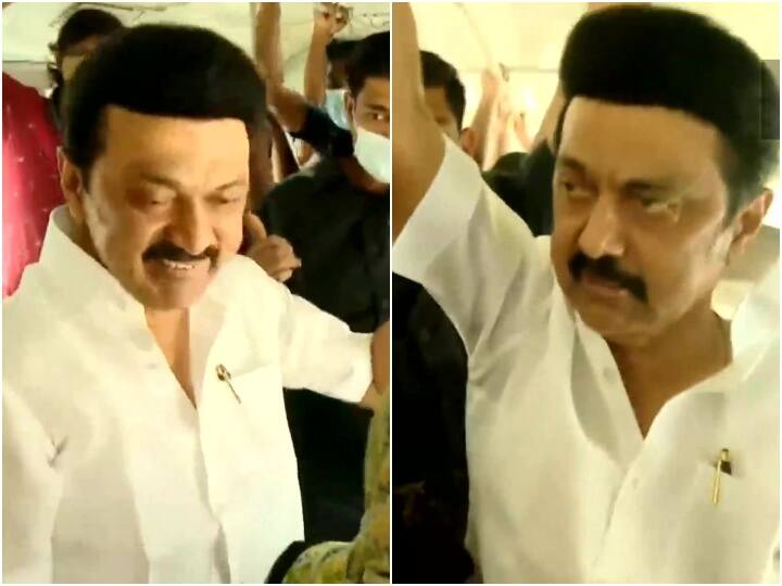 Tamil Nadu CM Stalin hops on a bus, speaks to people about 1 year of governance Tamil Nadu CM Stalin: సిటీ బస్సులో సీఎం- నిల్చొనే ప్రయాణం, షాకైన జనం!