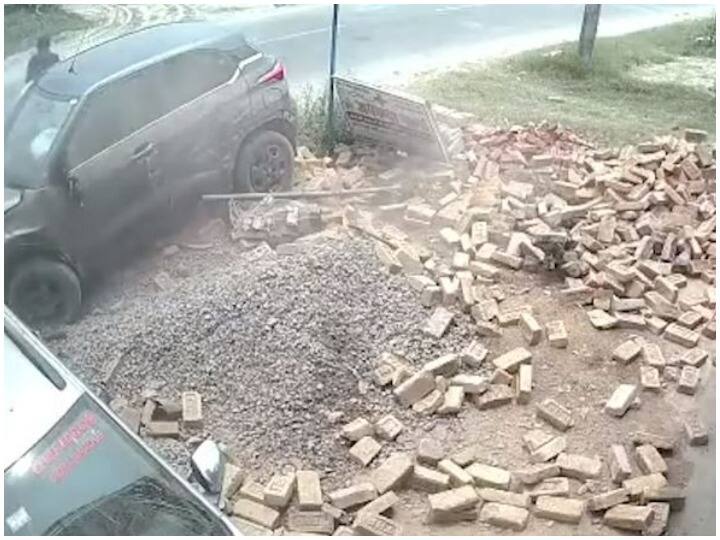 speeding car became uncontrollable rammed into the bricks a terrible speeding car became uncontrollable rammed into the bricks a terrible