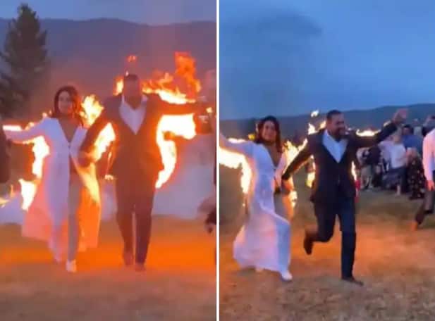 bride and groom set themselves on fire on their wedding day Trending News : स्वत:ला आग लावत वधूवराची 'डेयरडेव्हिल एंट्री', थरारक स्टंटचा व्हिडीओ एकदा पाहाच