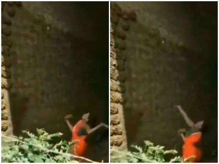 Woman seen throwing cow dung cakes on the wall with precise aim Watch: सटीक निशाने के साथ गोबर के उपलों को दीवार पर फेंकती दिखी महिला, वीडियो वायरल