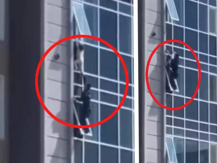 Man saves 3-year-old girl dangling from window of 8th floor of building in Kazakhstan Viral Video: నువ్వు మగాడ్రా బుజ్జీ! 8వ ఫ్లోర్‌లో వేలాడుతున్న చిన్నారిని ప్రాణాలకు తెగించి మరీ రక్షించాడు