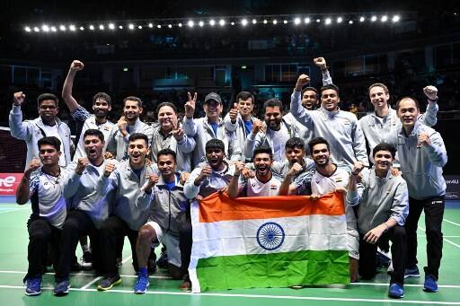 Team India's star shuttlers Lakshya Sen, Kidambi Srikanth and doubles players Chirag Shetty and Satwiksairaj Rankireddy continued their impressive form as they absolutely stunned heavyweights Indonesia to win the Thomas Cup title for the first time ever. (Pic Courtesy: AFP)