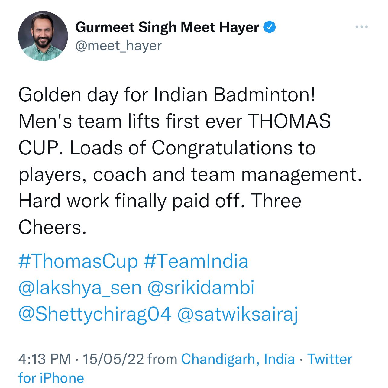 Thomas Cup Badminton: ਪਹਿਲੀ ਵਾਰ ਥੌਮਸ ਕੱਪ ਜਿੱਤਣ 'ਤੇ ਪੰਜਾਬ ਦੇ ਖੇਡ ਮੰਤਰੀ ਮੀਤ ਹੇਅਰ ਨੇ ਵੀ ਦਿੱਤੀ ਭਾਰਤੀ ਟੀਮ ਨੂੰ ਵਧਾਈ