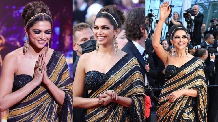 Deepika Padukone wear shimmery golden black saree in Cannes Film Festival 2022 Cannes 2022: કાન્સમાં દેખાયો દીપિકાનો દેસી અંદાજ, જુઓ સુંદર તસવીરો.....
