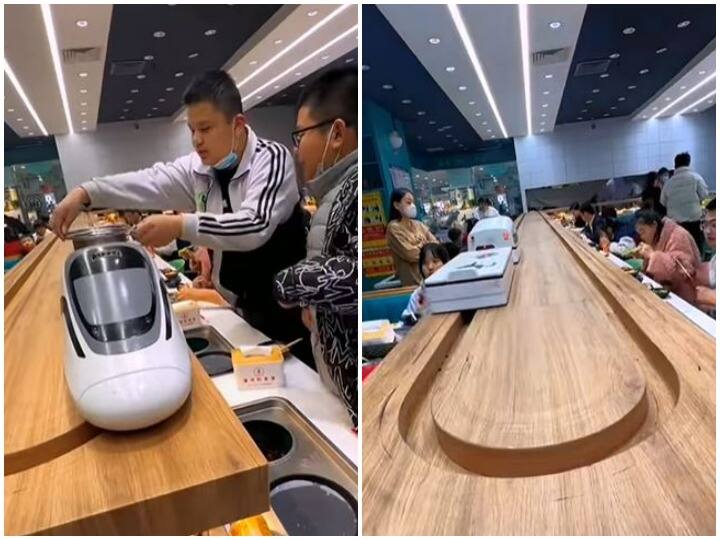 mini-bullet train serving food to customers at a restaurant Watch: रेस्टोरेंट में वेटर की जगह मिनी बुलेट ट्रेन परोस रही खाना, यूजर्स में दिखा मतभेद
