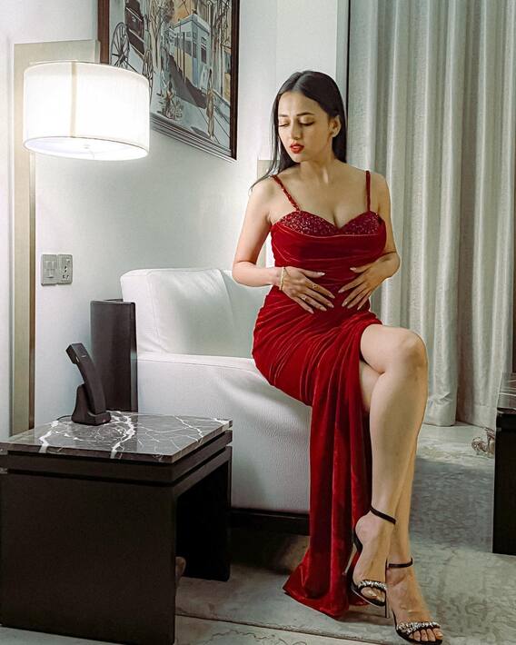 Tejasswi Prakash Gracefully Poses In A Red Slit Dress - SEE PICS