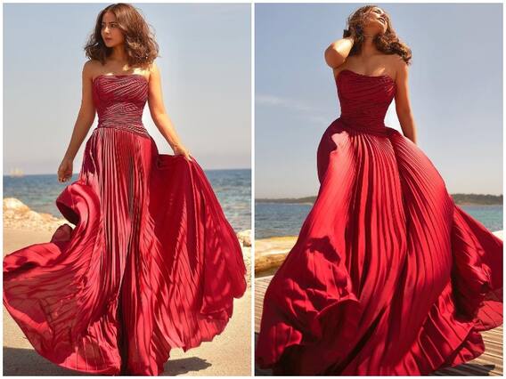 ਆਫ ਸ਼ੋਲਡਰ ਰੈੱਡ ਕਲਰ ਗਾਊਨ 'ਚ ਹਿਨਾ ਖ਼ਾਨ