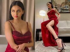 Tejasswi Prakash Gracefully Poses In A Red Slit Dress - SEE PICS