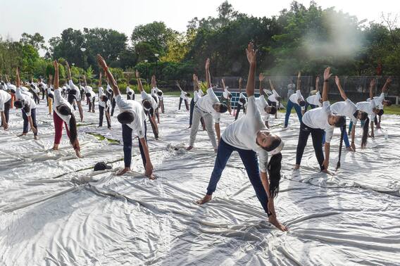 IN PICS | Rajnath Singh Stretches And Bends As Minister Joins Countdown Programe For International Yoga Day
