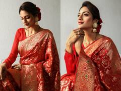 Nusrat Jahan Photos : लाल बनारसी साड़ी में गज़ब ढा रहीं नुसरत जहां, तस्वीरों में दिखा खूबसूरत लुक
