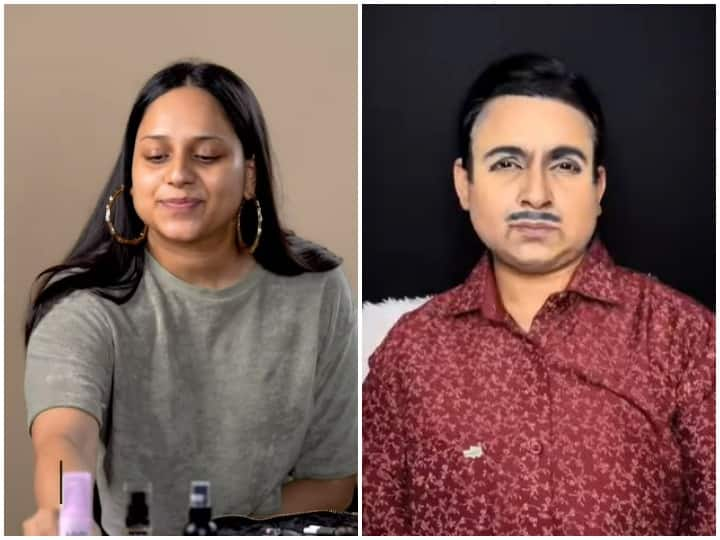 Dikshita Jindal transformed herself into Taarak Mehta Ka Ooltah Chashma character Jethalal  Watch: मेकअप आर्टिस्ट ने दिखाया अपना कमाल, खुद को तारक मेहता का उल्टा चश्मा के जेठालाल में बदला