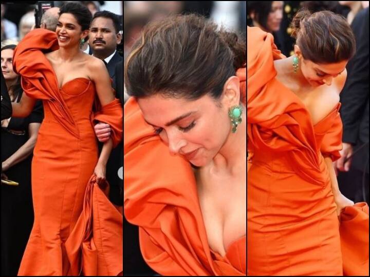 Deepika Padukone struggles with her elaborate gown during latest Cannes outing Cannes 2022: कान्स के रेड कार्पेट पर Deepika Padukone को उनके गाउन ने किया परेशान, सामने आई ये वीडियो